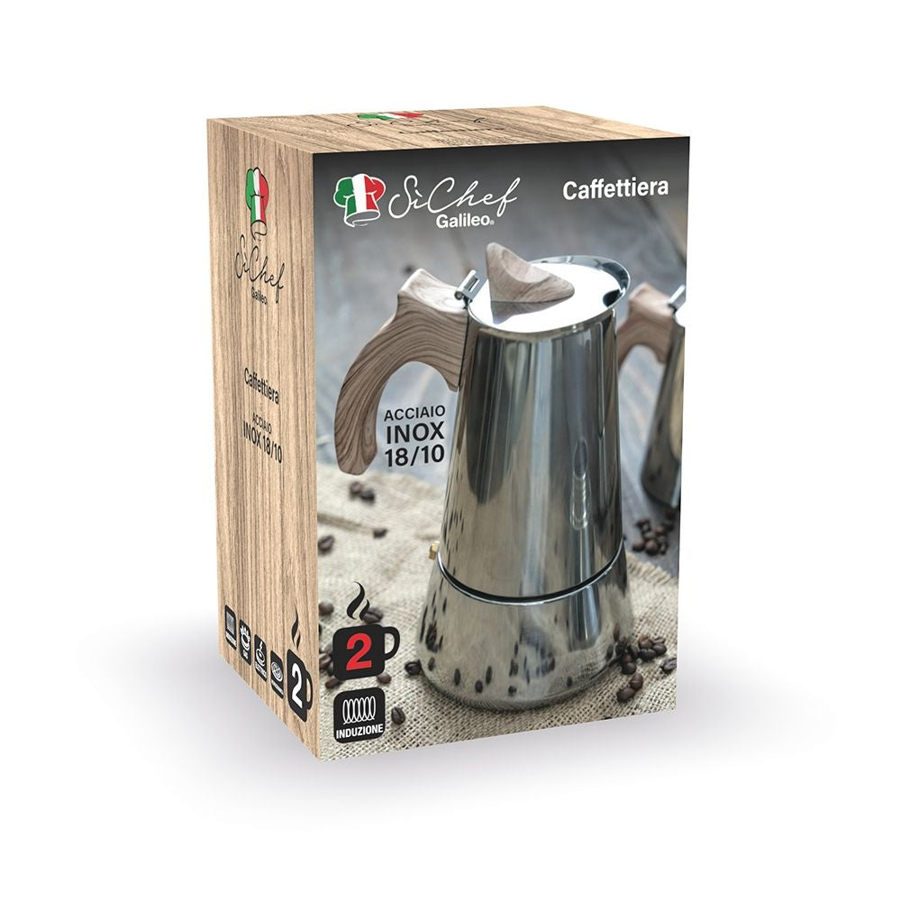 Caffettiera moka caffè in acciaio inox manico softtouch effetto legno  Italiana SìChef - 4 tazze