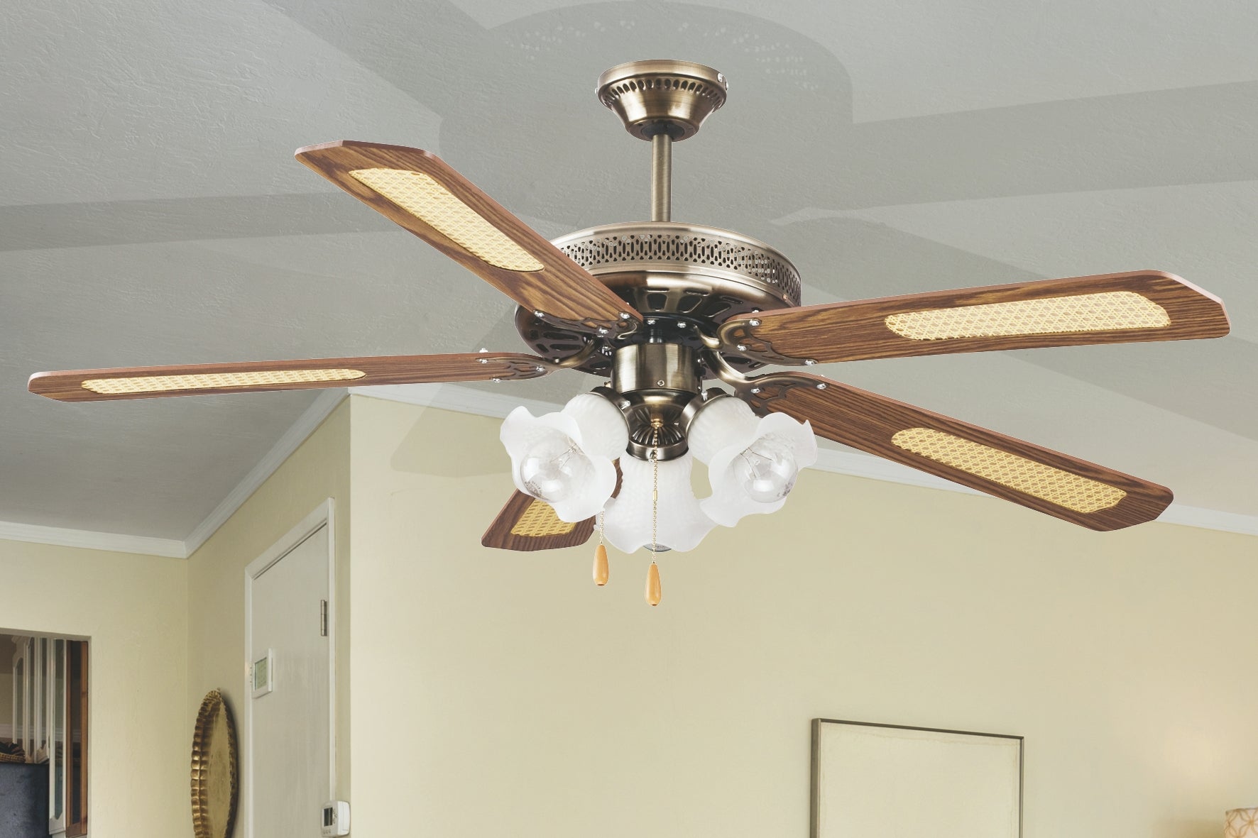 Ventilatore lampadario a soffitto 65W con 5 pale in legno e inserti pa –  Briconess Business Italia