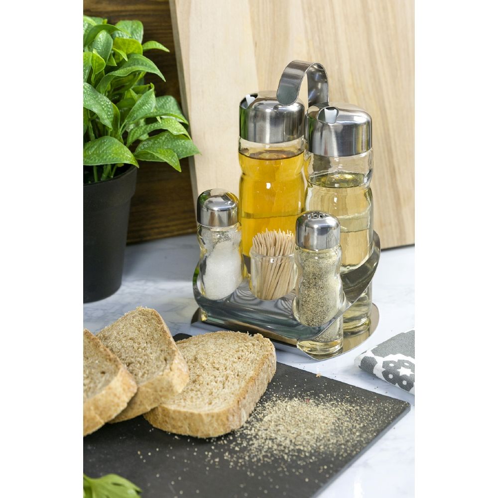 Set condimento da tavola olio aceto sale e pepe in vetro con tappo  salvagoccia e stand in acciaio SìChef