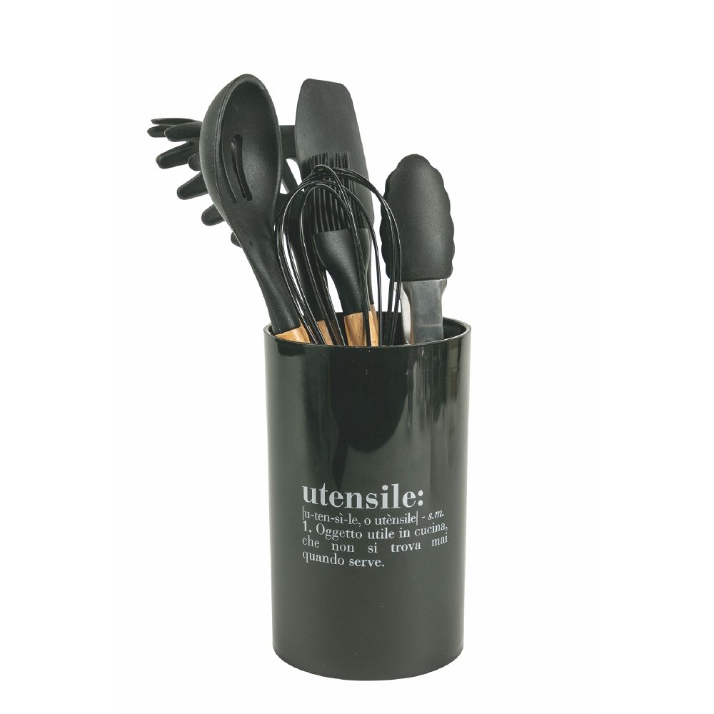 Set porta utensili con 7 accessori in silicone nero e manico in legno –  Briconess Business Italia