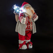 Babbo Natale con vestiti in tessuto e sacco con12 led altezza 62 cm XMas