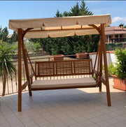 Dondolo 3 posti da esterno giardino con struttura in legno di acacia e tettuccio in poliestere beige