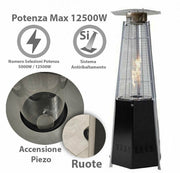 Termopatio stufa piramide a gas da esterno con struttura in acciaio e ruote integrate 13 KW